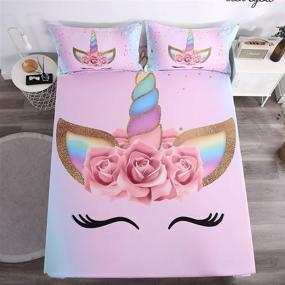 img 3 attached to 🦄 Girls Unicorn Flower Fitted Bed Sheet Set - Soft Microfiber All-Round Elastic Pocket Bedding, Breathable 2-Piece Twin Fitted Sheet Set for Teens and Girls