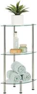 mdesign bathroom storage corner tower - 3 tier open glass shelves, compact shelving display unit - multi-use home organizer for bath, office, bedroom, living room - clear/chrome metal logo