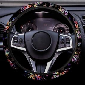 img 2 attached to 🐴 Horse Set Watercolor Butterfly Design Car Seat Covers Full Set with 15-Inch Steering Wheel Cover, Center Console Armrest Cover, and Automobile Safety Belt Covers - Fits Most SUVs and Trucks