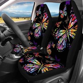 img 3 attached to 🐴 Horse Set Watercolor Butterfly Design Car Seat Covers Full Set with 15-Inch Steering Wheel Cover, Center Console Armrest Cover, and Automobile Safety Belt Covers - Fits Most SUVs and Trucks