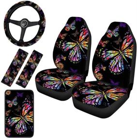 img 4 attached to 🐴 Horse Set Watercolor Butterfly Design Car Seat Covers Full Set with 15-Inch Steering Wheel Cover, Center Console Armrest Cover, and Automobile Safety Belt Covers - Fits Most SUVs and Trucks