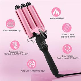 img 3 attached to 🌪️ Triple Barrel Curling Iron 1 Inch - Ceramic Tourmaline Hair Crimper with LCD Temp Display, Dual Voltage Option, Adjustable Temperature, Portable Hair Waver Heats Up Quickly - Pink