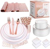 rose gold disposable plastic tableware set - plates, cutlery, table runner, napkins, cups, and paper straws for dinner, party, bridal shower, birthday, and christmas - 251 pieces of fancy silverware logo