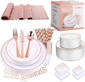 img 4 attached to Rose Gold Disposable Plastic Tableware Set - Plates, Cutlery, Table Runner, Napkins, Cups, and Paper Straws for Dinner, Party, Bridal Shower, Birthday, and Christmas - 251 Pieces of Fancy Silverware