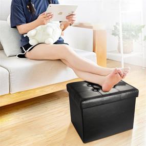 img 3 attached to 🪑 Black Leather Small Storage Ottoman Foot Rest Stool - Foldable Bench for Books, Toys, Records - Supports 330 lbs