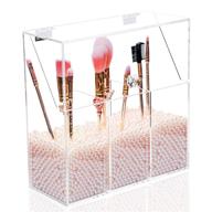 🎀 gadexpha acrylic brush makeup organizer holder with pearls - clear cosmetic brushes storage, 3 slots dust-proof case for vanity - also ideal as pencil holder and desk organizer (pink) logo