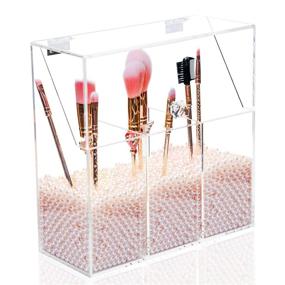 img 4 attached to 🎀 Gadexpha Acrylic Brush Makeup Organizer Holder With Pearls - Clear Cosmetic Brushes Storage, 3 Slots Dust-Proof Case for Vanity - Also Ideal as Pencil Holder and Desk Organizer (Pink)