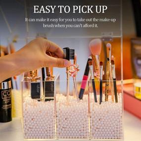 img 2 attached to 🎀 Gadexpha Acrylic Brush Makeup Organizer Holder With Pearls - Clear Cosmetic Brushes Storage, 3 Slots Dust-Proof Case for Vanity - Also Ideal as Pencil Holder and Desk Organizer (Pink)