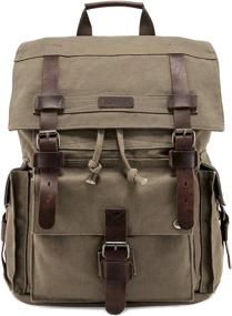 img 4 attached to 🎒 Men's Canvas Leather Hiking Travel Backpack Rucksack School Bag by Kattee