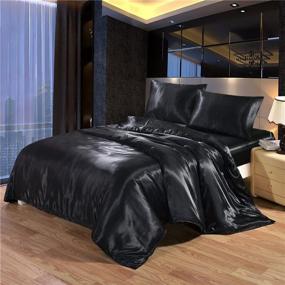 img 3 attached to DREFEEL Hotel Quality Black Silk Like Satin Queen/Full Size Duvet Cover Set - Soft, Stain Resistant Bedding with Hidden Zipper Ties