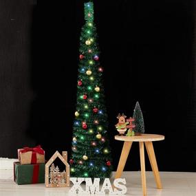 img 3 attached to 🎄 Green Collapsible 5 Ft Christmas Tinsel Tree with 15 Colored Lights, 15 Ball Ornaments, Stand Included - Perfect Xmas Indoor Small Space Home Decorations