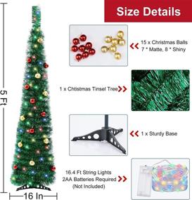 img 2 attached to 🎄 Green Collapsible 5 Ft Christmas Tinsel Tree with 15 Colored Lights, 15 Ball Ornaments, Stand Included - Perfect Xmas Indoor Small Space Home Decorations