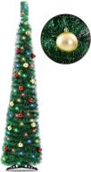 🎄 green collapsible 5 ft christmas tinsel tree with 15 colored lights, 15 ball ornaments, stand included - perfect xmas indoor small space home decorations logo