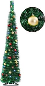 img 4 attached to 🎄 Green Collapsible 5 Ft Christmas Tinsel Tree with 15 Colored Lights, 15 Ball Ornaments, Stand Included - Perfect Xmas Indoor Small Space Home Decorations