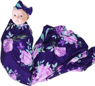 🌸 stretchy purple flower newborn receiving blanket headband set: perfect swaddle and sleeping wrap for baby girls logo