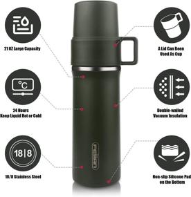 img 3 attached to 🌡 FEIJIAN Thermos Add-A-Cup Water Bottle – Insulated Stainless Steel Beverage Bottle for Hot & Cold Drink with Leakproof Lid and Integrated Handle, 21 OZ, Army Green