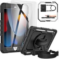 📱 ipad 10.2-inch case 2021/2020/2019, [with 2 pack tempered glass screen protector] base mall shockproof tablet cover, pencil holder, rotating kickstand, hand/shoulder strap (black) logo