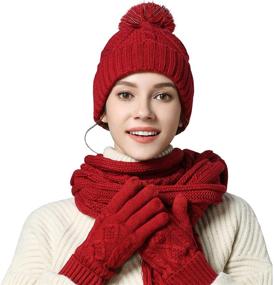 img 4 attached to 🧣 Cable Knit Winter Gift Set - Warm Pom Cap, Touch Screen Gloves, Long Scarf - 3 Piece Women's Scarf Glove Hat Beanie Set