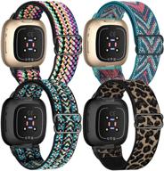 🌈 uhkz 4-pack elastic nylon bands for fitbit versa 3/sense, adjustable stretchy fabric sport band for women men, bohorainbow/green arrow/leopard/boho green, compatible with fitbit versa smart watch logo