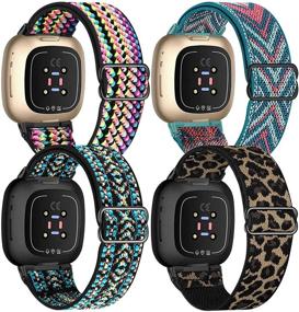 img 4 attached to 🌈 UHKZ набор из 4-х эластичных нейлоновых браслетов для Fitbit Versa 3/Sense, регулируемый эластичный спортивный браслет из ткани для женщин и мужчин, БохоРадуга/Зеленая стрела/Леопард/Бохо Грин, совместим с умными часами Fitbit Versa.