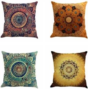 img 4 attached to Bohemian Retro Floral Cushion Cases: Set of 4 Medallion Mandala Compass Design for Summer Décor, Sofa Couch Accent - 18 x 18 Inch Cotton Linen (Floral Compass Medallion)