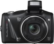 black canon powershot sx150 is 14.1 mp digital camera with 12x wide-angle optical image stabilized zoom and 3.0-inch lcd (old model) logo
