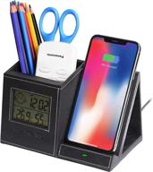 versatile pen and pencil holder with wireless charger, thermometer, and humidity gauge: sleek desk organization for home and office (battery included) логотип