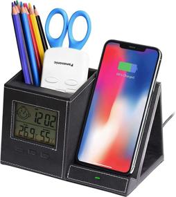 img 4 attached to Versatile Pen and Pencil Holder with Wireless Charger, Thermometer, and Humidity Gauge: Sleek Desk Organization for Home and Office (Battery Included)