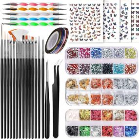 img 4 attached to 🎨 Complete Nail Art Brush Kit with Dotting Tools, Butterfly Stickers, Rhinestones, Foil Flakes, Glitter Sequins, Striping Tapes & Tweezer