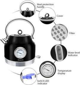 img 3 attached to 1.7L Stainless Steel Retro Electric Tea Kettle with Thermometer, LED Light, Fast Boiling, Auto Shut-Off & Boil-Dry Protection (Black)