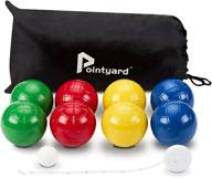 pointyard 100mm bocce ball set: regulation size with 8 pe bocce balls, carrying bag, and 🎾 measuring tape – outdoor family bocce game for backyard, lawn, and beach in red, blue, green, and yellow logo