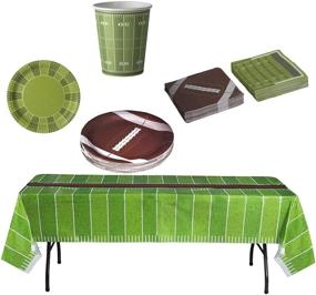 img 4 attached to 🏈 Football Party Supplies Bundle - Serves 16 with 7" & 9" Round Paper Plates and 9 oz Paper Cups (16 of each) - 24 Paper Napkins - Disposable Table Cloth