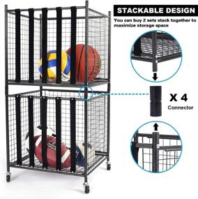 img 2 attached to 🔒 Mythinglogic Rolling Sports Ball Storage Cart - Lockable Ball Storage Locker with Elastic Straps, Stackable Ball Cage for Garage Storage Organization