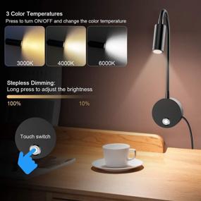 img 3 attached to 🔆 ERAY Dimmable LED Wall Mounted Reading Light with Flexible Gooseneck, USB Charging & 3 Colors Temperature - 2 Pack