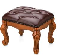 bileeda small foot stool: comfy brown leather ottoman stool for living room, rest your feet on solid rubber wood! simple assembly included logo