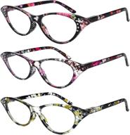 👓 amillet cat eye reading glasses for women - spring hinge 3-pack with trendy floral rhinestones - eyeglasses readers logo