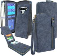 lacass zippered leather wallet case with wristlets clutch & 13 card slots for lg stylo 6 2020 - shockproof, money pocket & blue logo