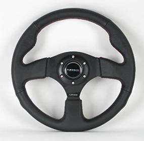 img 2 attached to 🏎️ NRG Racing Steering Wheel - 320mm (12.60 inches) - Black Leather / Black Spokes with Red Stitching - Part # ST-012R