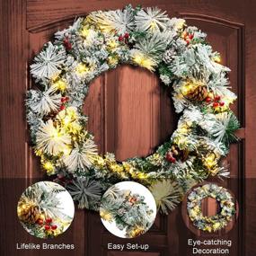 img 1 attached to 🎄 Flocked 24-Inch Christmas Wreath with LED Lights - Ideal for Front Door, Windows, Living Room, Indoors, and Outdoors - Festive Christmas Decorations