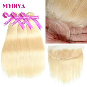 img 3 attached to 💁 MYDIVA 613 Blonde Human Hair Bundle Deal Brazilian Straight Hair with Lace Frontal 100% Virgin Hair (14 16 18+12, Bundle with Frontal)