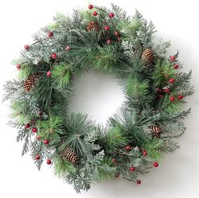 img 4 attached to LOHASBEE 22-Inch Artificial Christmas Wreath with Pine Cone Grapevine, Flocked Glitter Greenery, Red Berries - Ideal for Front Door, Winter Christmas Home Decoration, Hanging on Wall, Window or Party Décor