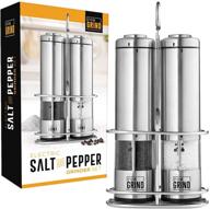 enhanced progrind electric salt and pepper grinder set (2 pack) with one-touch operation, adjustable coarseness, led light and stainless steel metal stand - premium steel salt and pepper mills logo