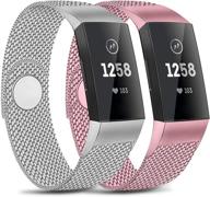 2-pack metal loop bands - compatible with fitbit charge 4 / charge 3 / charge 3 se - stainless steel magnetic replacement bands - silver+ rose pink - small size logo