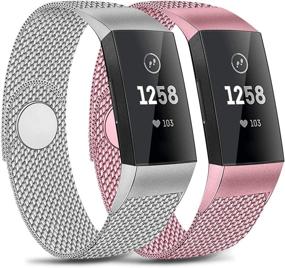 img 4 attached to 2-Pack Metal Loop Bands - Compatible with Fitbit Charge 4 / Charge 3 / Charge 3 SE - Stainless Steel Magnetic Replacement Bands - Silver+ Rose Pink - Small Size