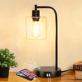 img 4 attached to 💡 Haian 3-Way Dimmable Industrial Table Lamp with USB Ports, Touch Control Desk Lamp - Glass Shade, Metal Base - Rustic Farmhouse, LED Edison Bulb Included