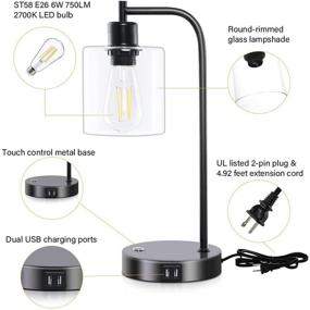 img 3 attached to 💡 Haian 3-Way Dimmable Industrial Table Lamp with USB Ports, Touch Control Desk Lamp - Glass Shade, Metal Base - Rustic Farmhouse, LED Edison Bulb Included