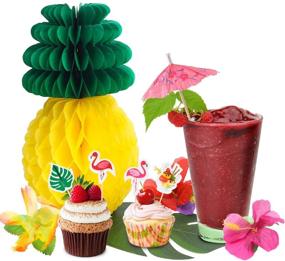 img 2 attached to 🌴 R HORSE 100 Packs Tropical Hawaiian Jungle Luau Party Decoration Set - Palm Leaves, Silk Hibiscus Flowers, Tissue Paper Pineapples, Cupcake Toppers, Paper Cocktail Umbrella - Luau Party Supplies Decor