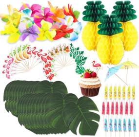 img 4 attached to 🌴 R HORSE 100 Packs Tropical Hawaiian Jungle Luau Party Decoration Set - Palm Leaves, Silk Hibiscus Flowers, Tissue Paper Pineapples, Cupcake Toppers, Paper Cocktail Umbrella - Luau Party Supplies Decor