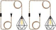 💡 industrial farmhouse black plug-in pendant light - 15ft hanging lamp kit, pack of 2 hemp rope cord metal cage lampshade lighting fixtures with switch for living room bedroom diy decor logo