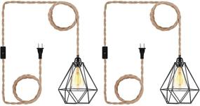 img 2 attached to 💡 Industrial Farmhouse Black Plug-in Pendant Light - 15ft Hanging Lamp Kit, Pack of 2 Hemp Rope Cord Metal Cage Lampshade Lighting Fixtures with Switch for Living Room Bedroom DIY Decor